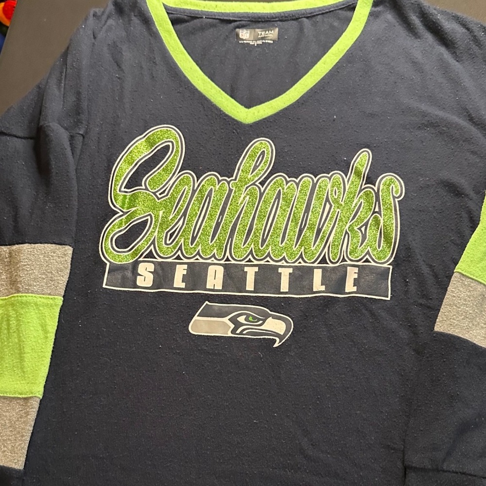 NFL Team Apparel Seattle Seahawks Navy Blue Glitter V-Neck Long Sleeve Shirt S